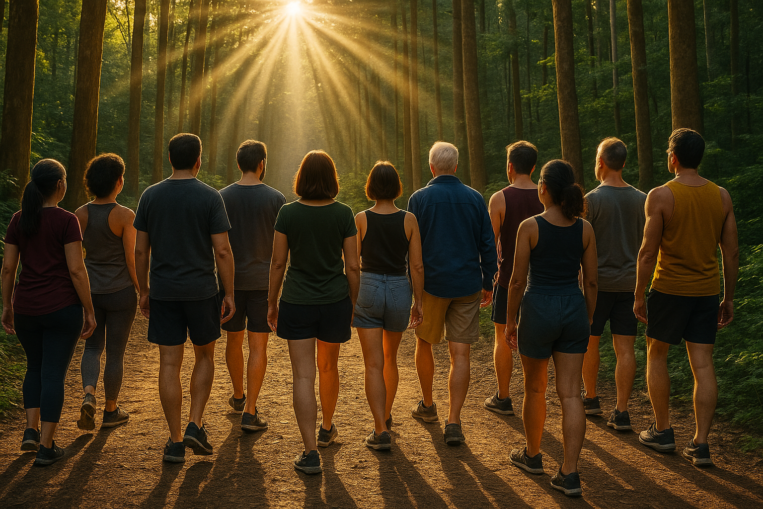 People walking in forest with sunbeams